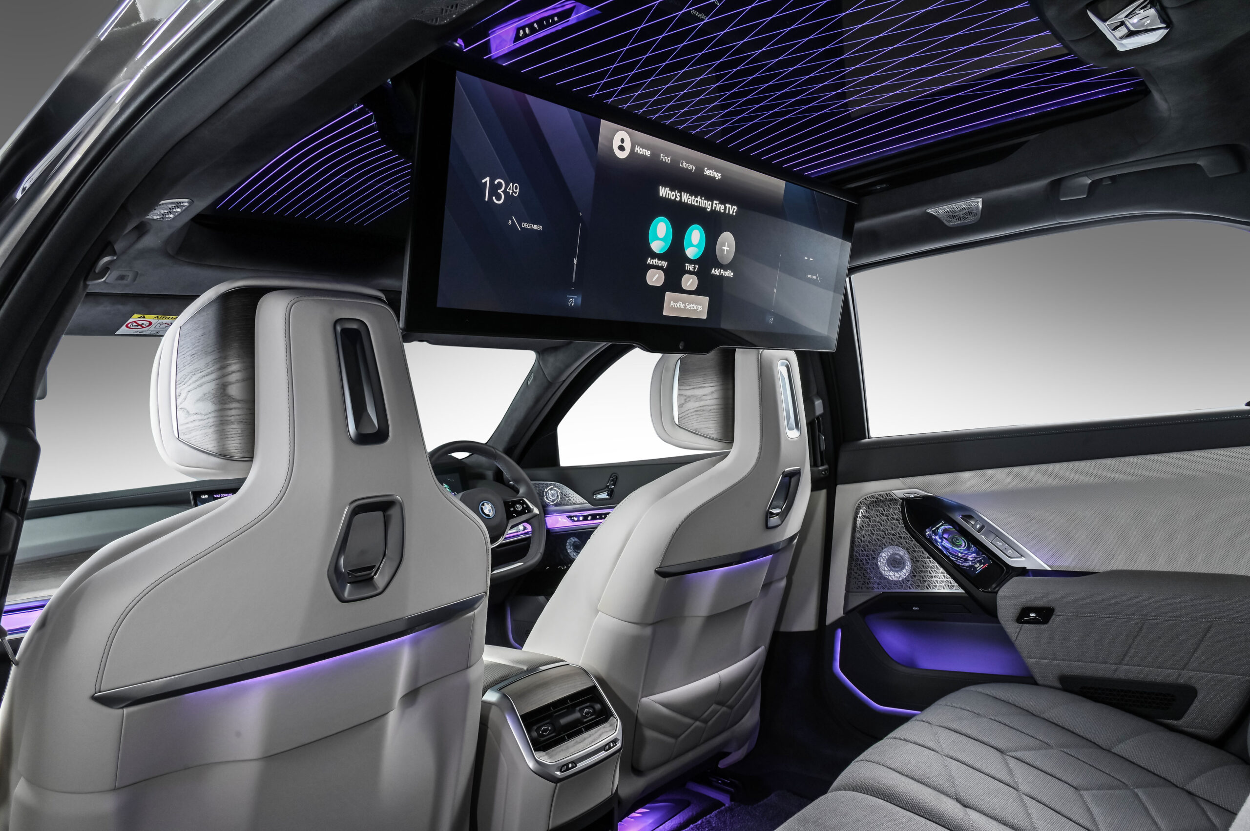 BMW 7 Series (G70) optional 31-inch theatre screen. LED ambient lighting.