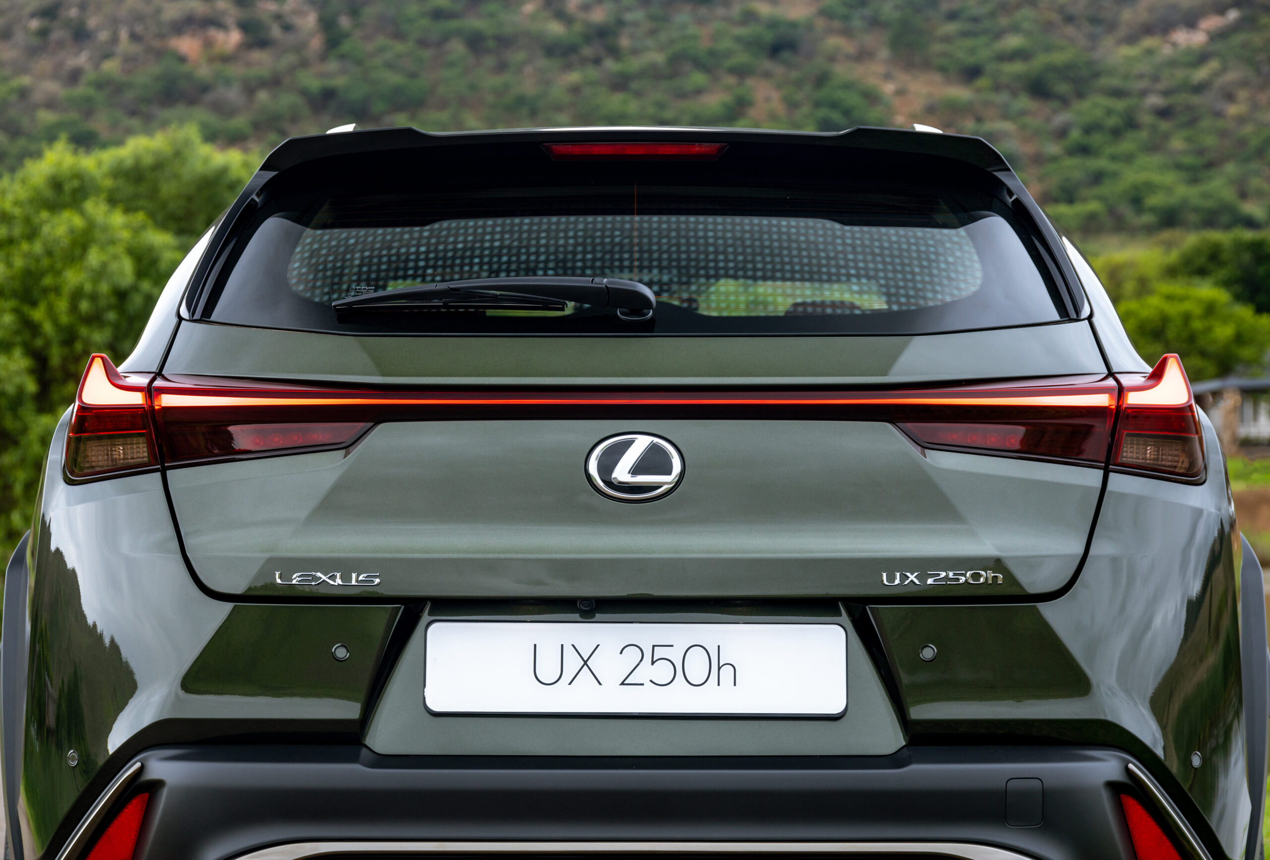 Tailgate of the 2023 Lexus UX 250h F-Sport. Note the redesigned tail-light clusters replete with winglets.