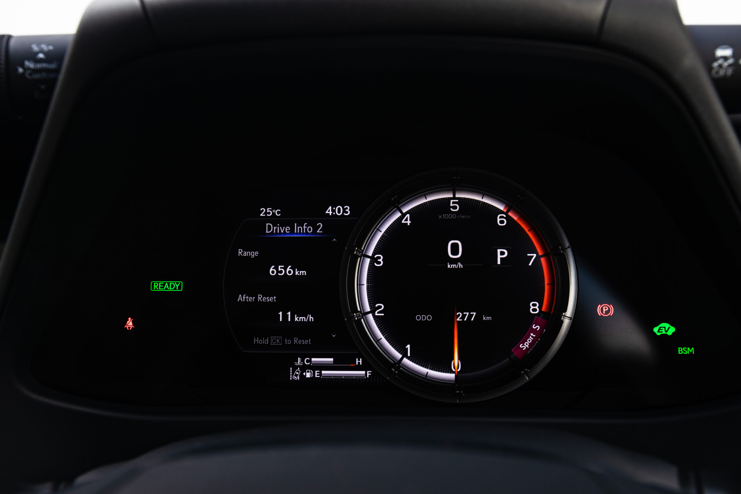 The digital instrument cluster in the 2023 Lexus 250h F Sport.