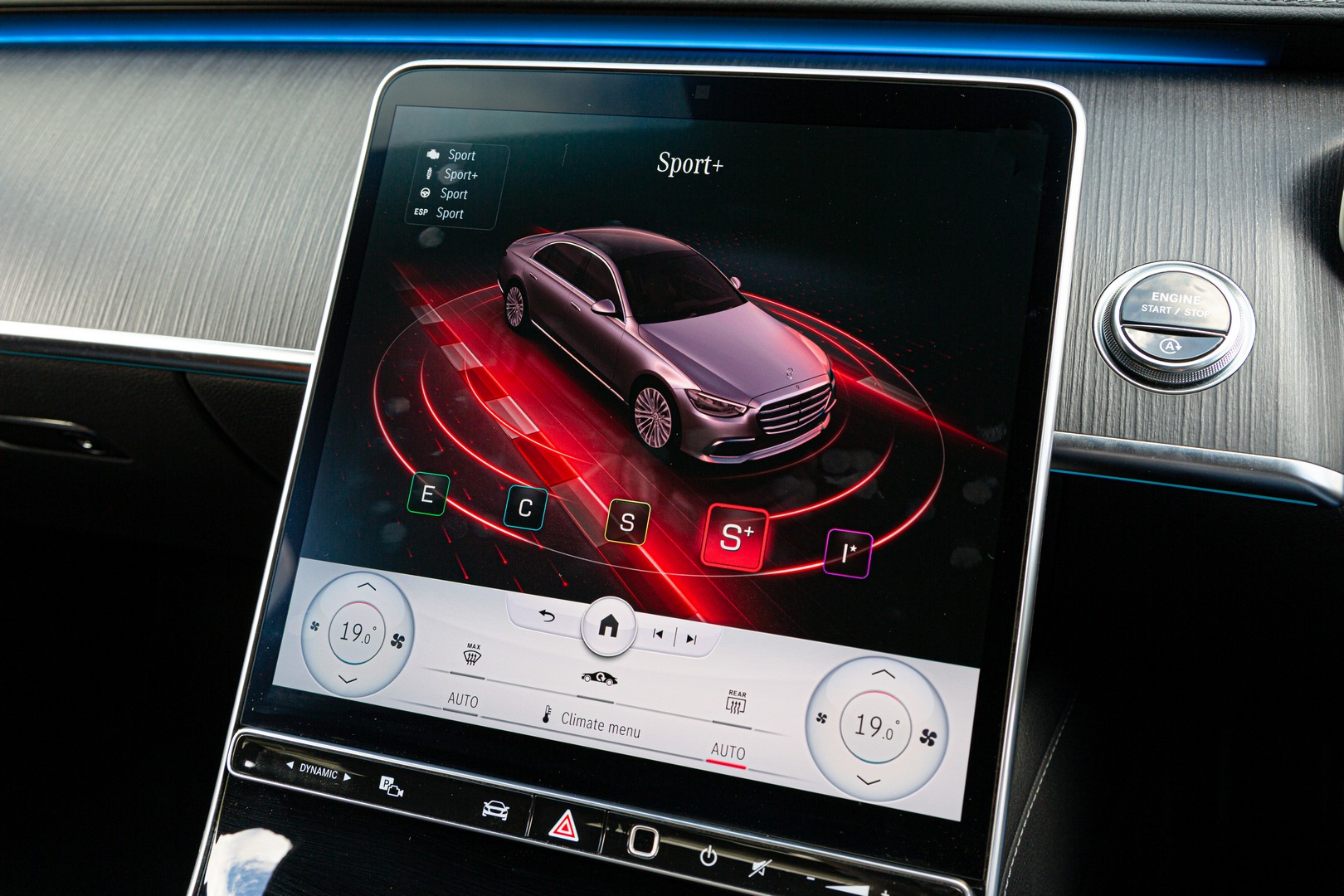 W223 Mercedes-Benz S-Class portrait-style infotainment touchscreen.