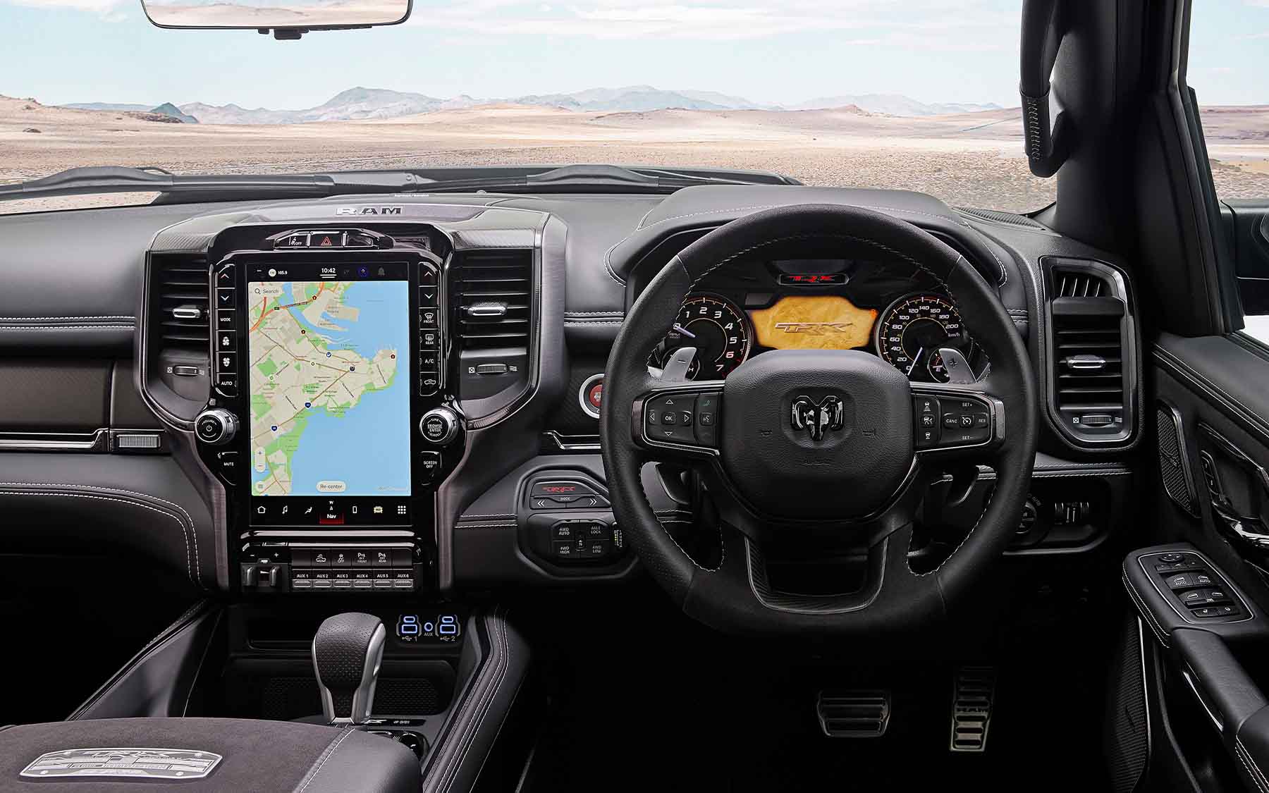 Cabin of a right-hand-drive Dodge RAM 1500 bakkie.