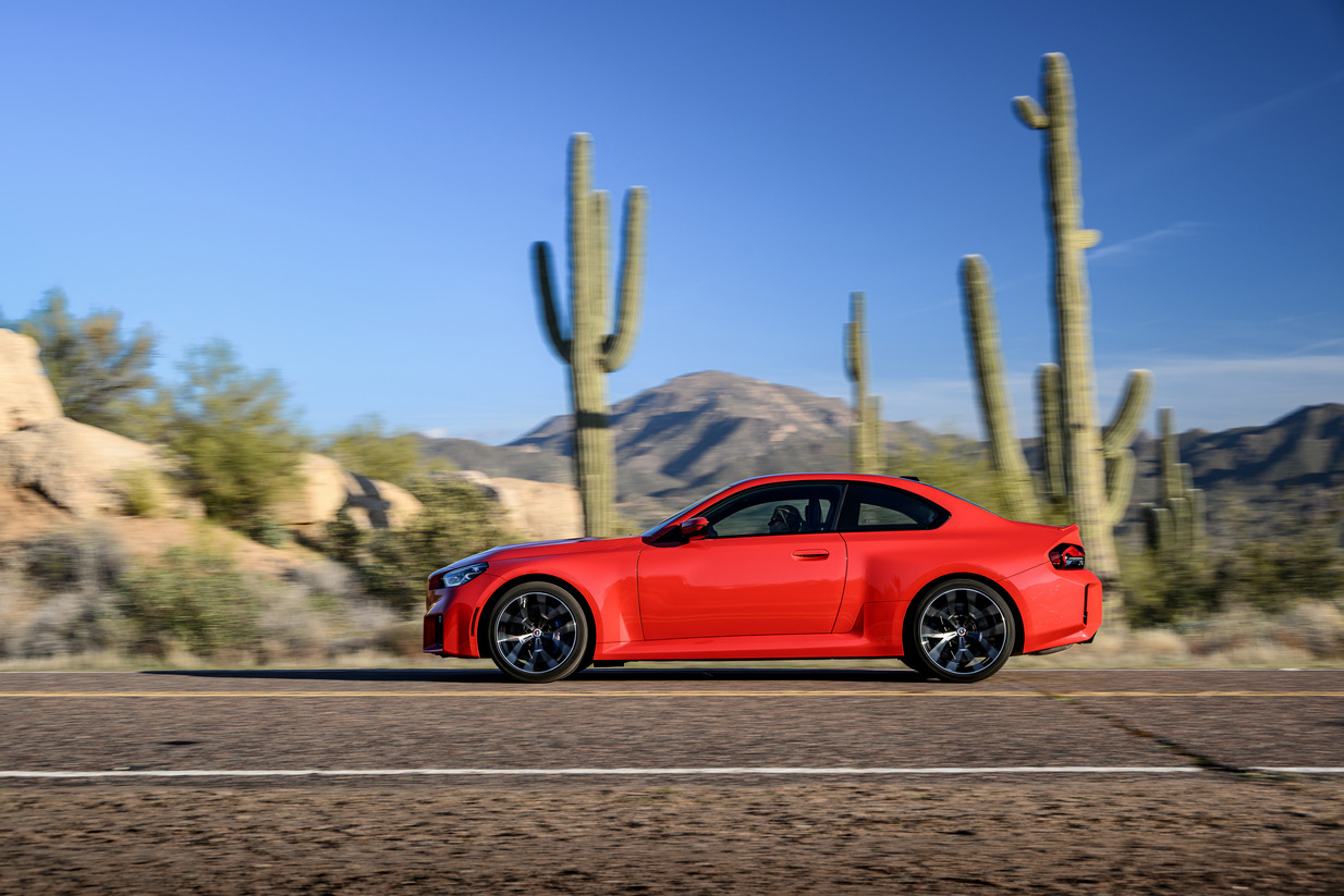 Side profile of 2023 BMW M2 coupe.