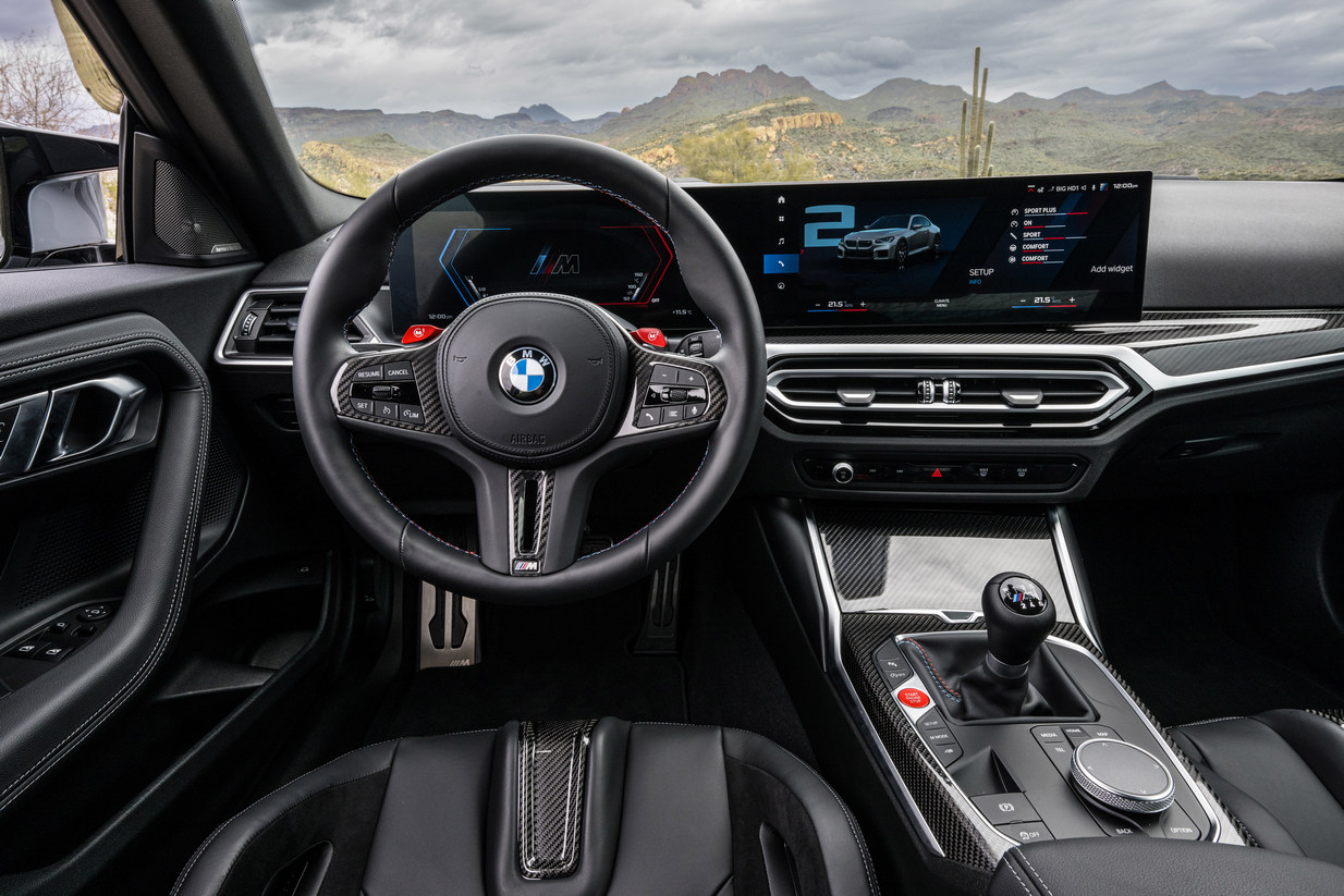 Interior of 2023 BMW M2, equipped with 6-speed manual gearbox. 