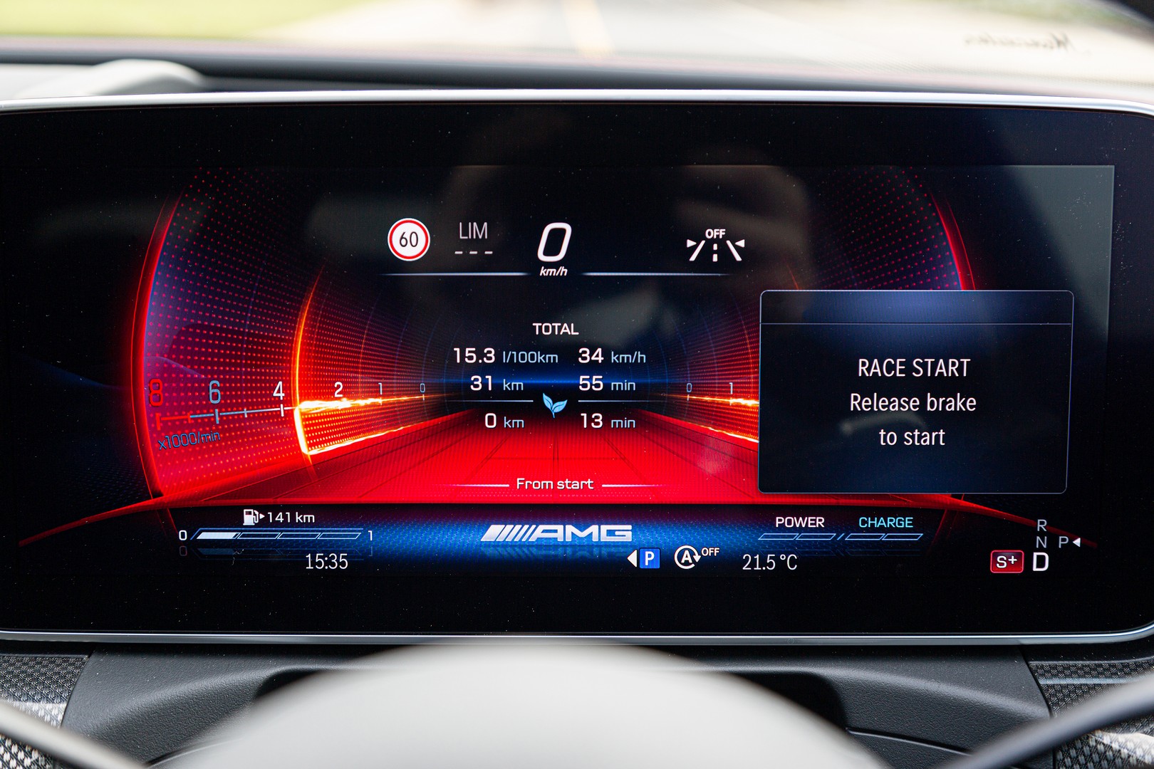 2023 Mercedes-AMG C43 4Matic's digital instrument cluster in Race Start mode.