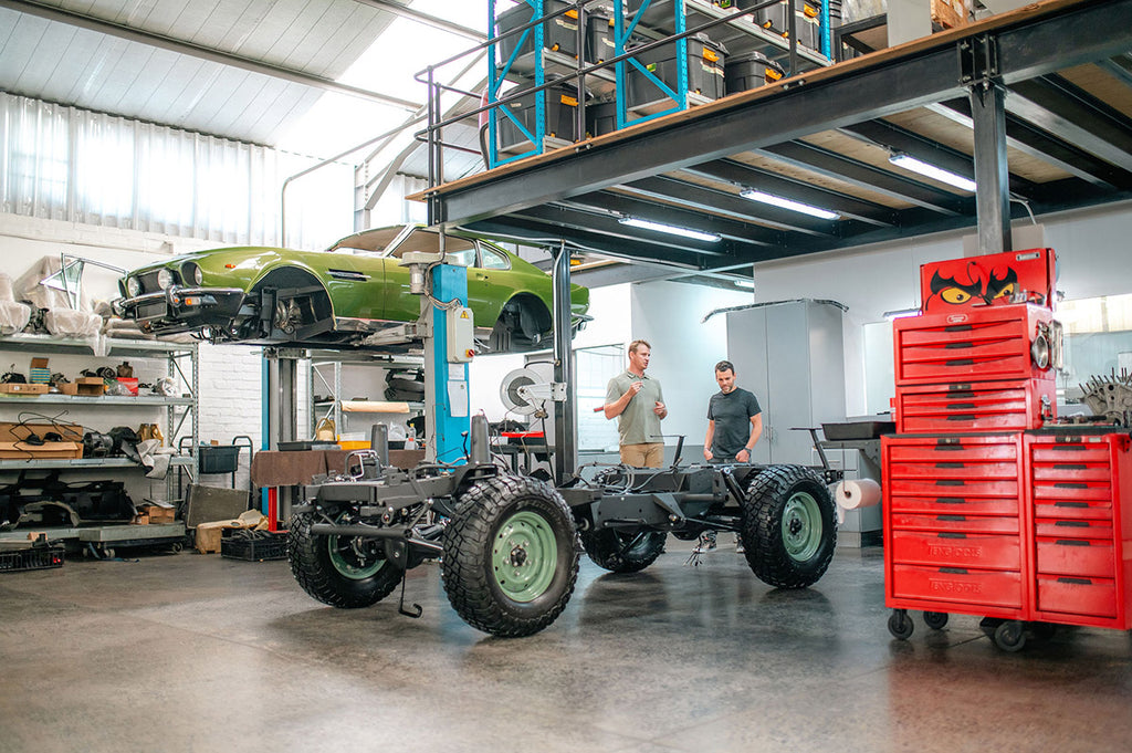 A rolling Defender chassis at the Journeymen Workshop in Cape Town