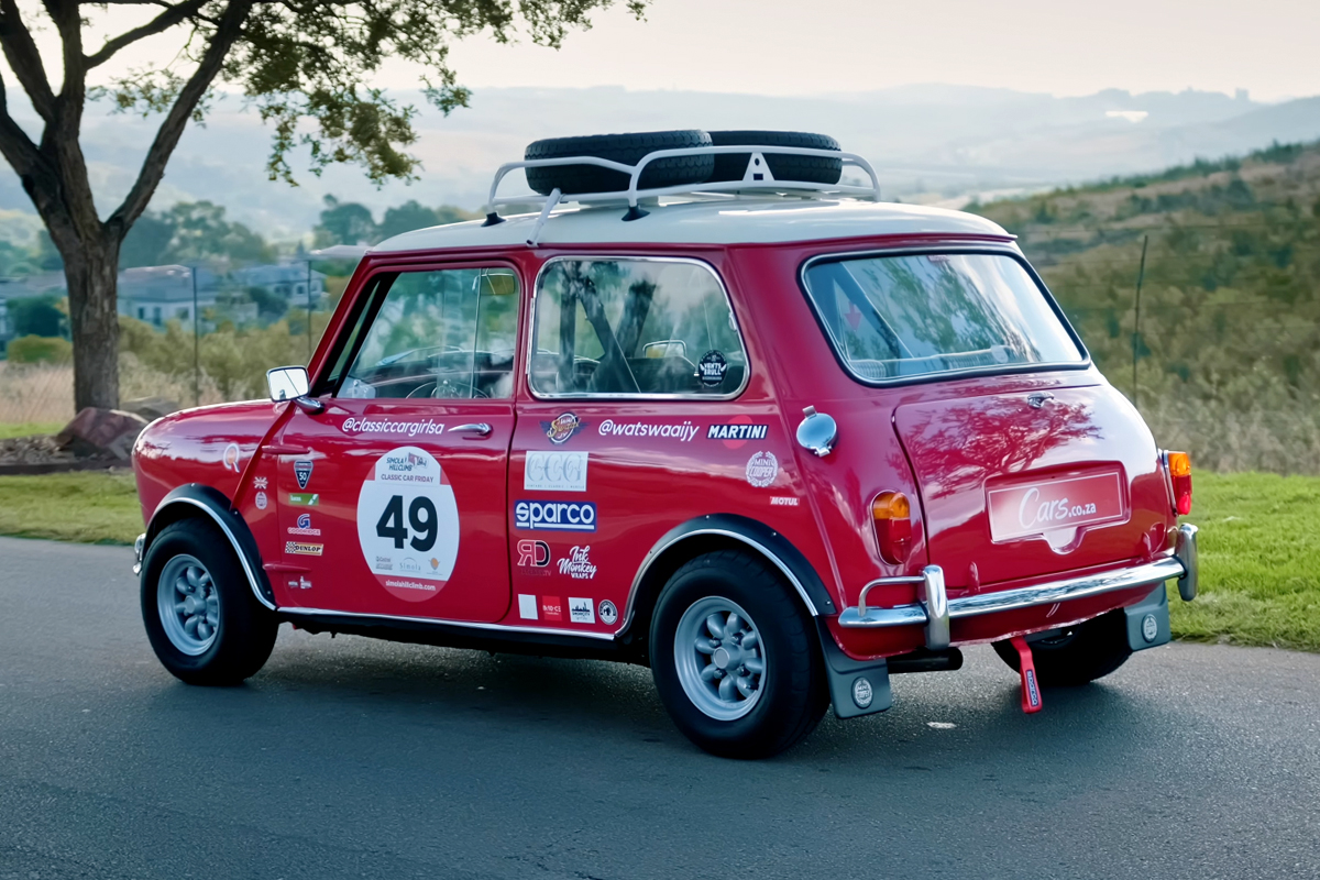 Nadia Vijloen's Monte Carlo Rally Mini rear three-quarter view